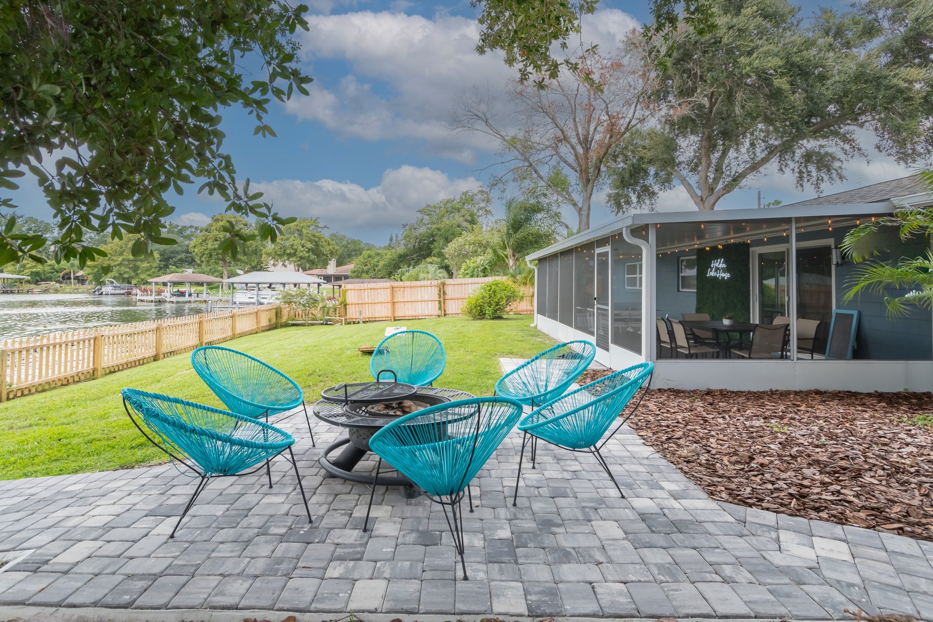 Patio seating with lake view
