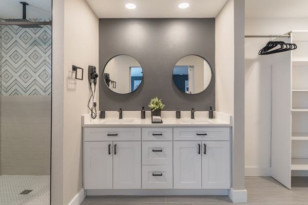 Master bathroom with double vanity and round mirrors